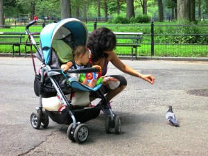 mom baby carriage pigeon central park poets walk